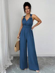 Selianne Bộ đồ liền thân ống rộng buộc eo cổ chữ V dành cho nữ, màu xanh, trang phục thường ngày mùa hè - Màu xanh ngọc - Xem 7