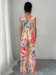 Rafferiza Women's Elegant Vacation Pleated Textured Deep V Jumpsuit, Summer