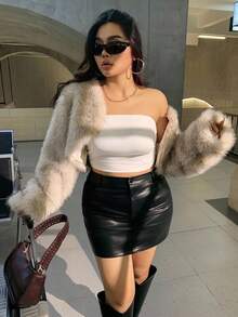 SHEIN X Phaith Montoya SHEIN EZwear Plus Size Women's Solid Long Sleeve Open Front Faux Fur Coat Faux Fur Shrug/Winter Fur Jacket