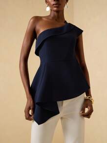 Vesra 女士优雅细肩带不对称下摆褶饰腰部衬衫