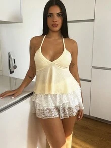 Lucia Bellido Summer Going Out A Pendulum Crisscross Tie Backless Halter Top - Beige - View 5