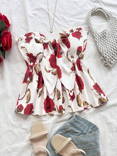 Soleia 女式花卉印花度假休闲系带腰部 A 字形荷叶边下摆抹胸上衣