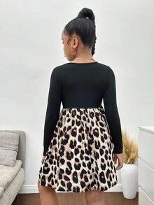 Tween-Mädchen Strick-Patchwork-Kleid mit Leopardenmuster und Blumenmuster, langärmelig, tailliert, lässig, vielseitig für jeden Tag