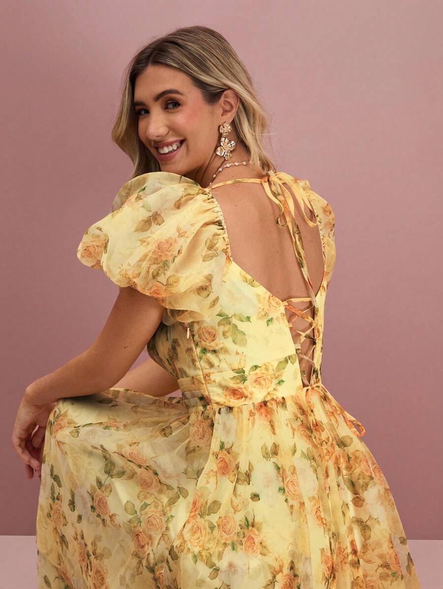 Enchnt Fall/Winter Romantic Women's Sunshine Yellow Floral Print Sweetheart Neck Puff Sleeve Princess Maxi Dress - Yellow - View 1