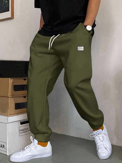 RueChic Cotton Men Letter Patched Detail Drawstring Waist Sweatpants