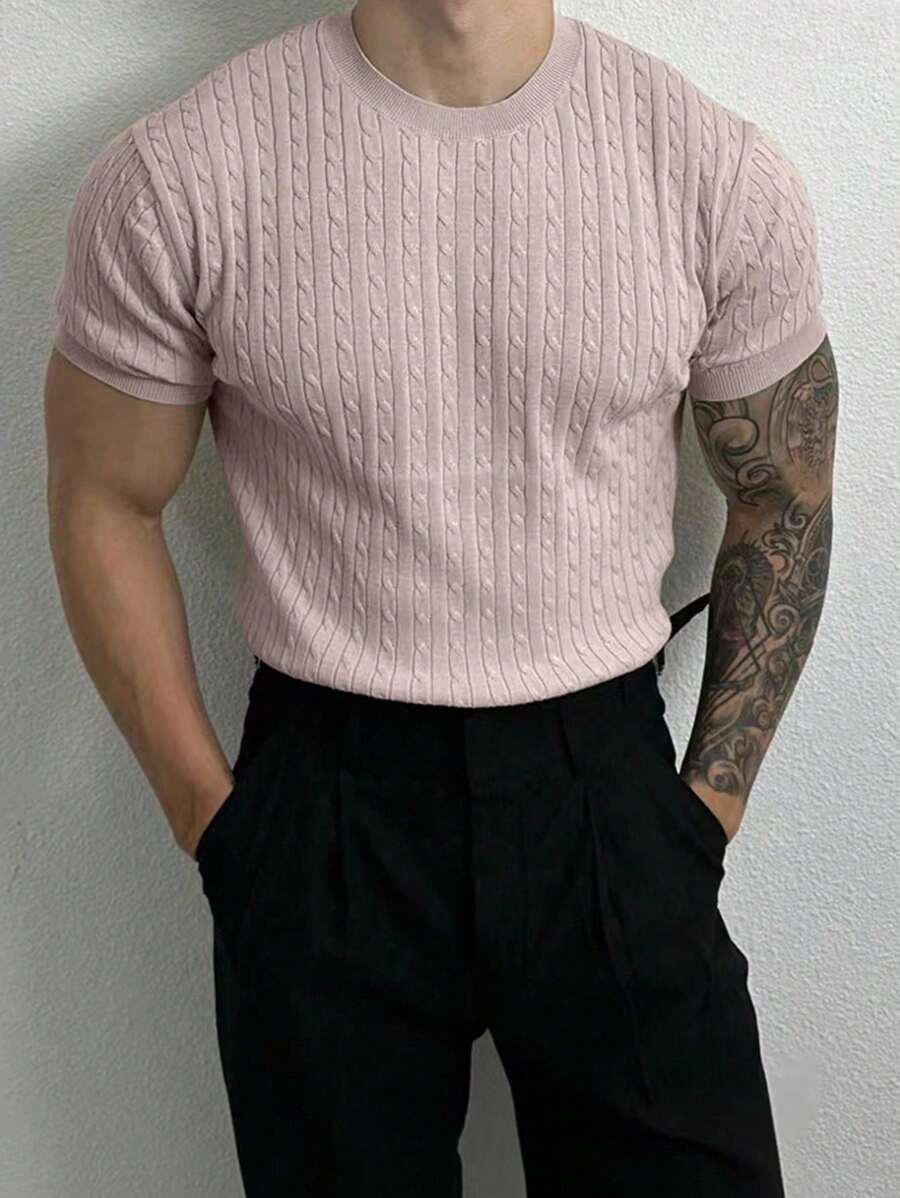 Manfinity Homme Men's Solid Color Crew Neck Raglan Short Sleeve Cable Knit Sweater