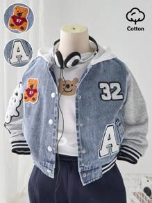 Áo khoác denim xanh nhạt có mũ chần bông phối patchwork thêu gấu kỹ thuật số phong cách đại học casual đường phố cho bé trai, thời trang streetwear, phù hợp mùa xuân và mùa thu - Rửa nhẹ - Xem 7