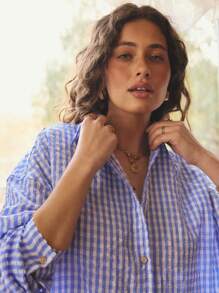 Aralina 睡衣秋冬可爱 Y2K 斯德哥尔摩风格纹理格子泡泡纱超大衬衫，配金色装饰纽扣