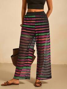SHEIN VCAY Pantalon ample et ample à jambes larges, rayé et ajouré, pour femmes grandes tailles - Multicolore - Voir 6