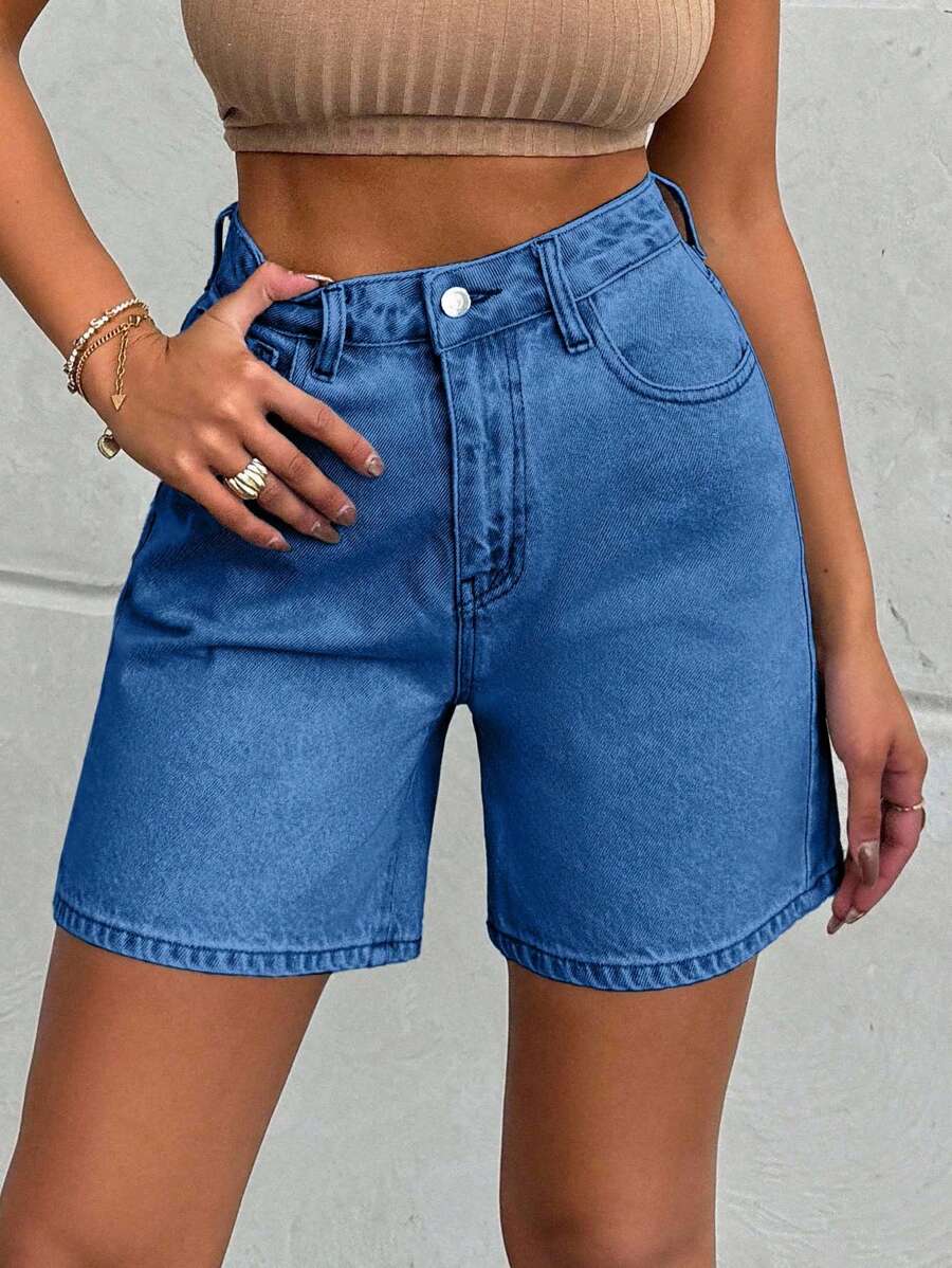EURMUSE 100%Cotton LIGHT WASH HIGH WAIST SHORT - Dusty Blue - View 1