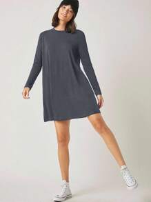 EURMUSE Women's Solid Color Round Neck Loose Casual Long-Sleeved Dress - Dark Grey - View 5