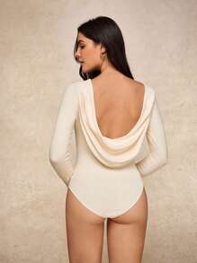 House of One Solid Rib Knit Drape Back Long Sleeves Backless Casual Bodysuits Women Summer Autumn Elegant Open Back Dress Low Back Dress Cowl Neck Dress Draped Back Open Back Bodysuit - Apricot - View 2