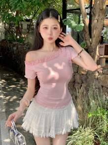 DAZY 女士纯色不对称肩部荷叶边短袖T恤 - 粉色 - 查看 3