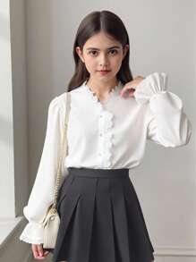 SHEIN Tween Girl Casual Elegant Fitted Stand Collar Lace Trim Button Front Puff Sleeve White Woven Blouse, Suitable For Back To School, Casual, Party And Multiple Occasions - White - View 1