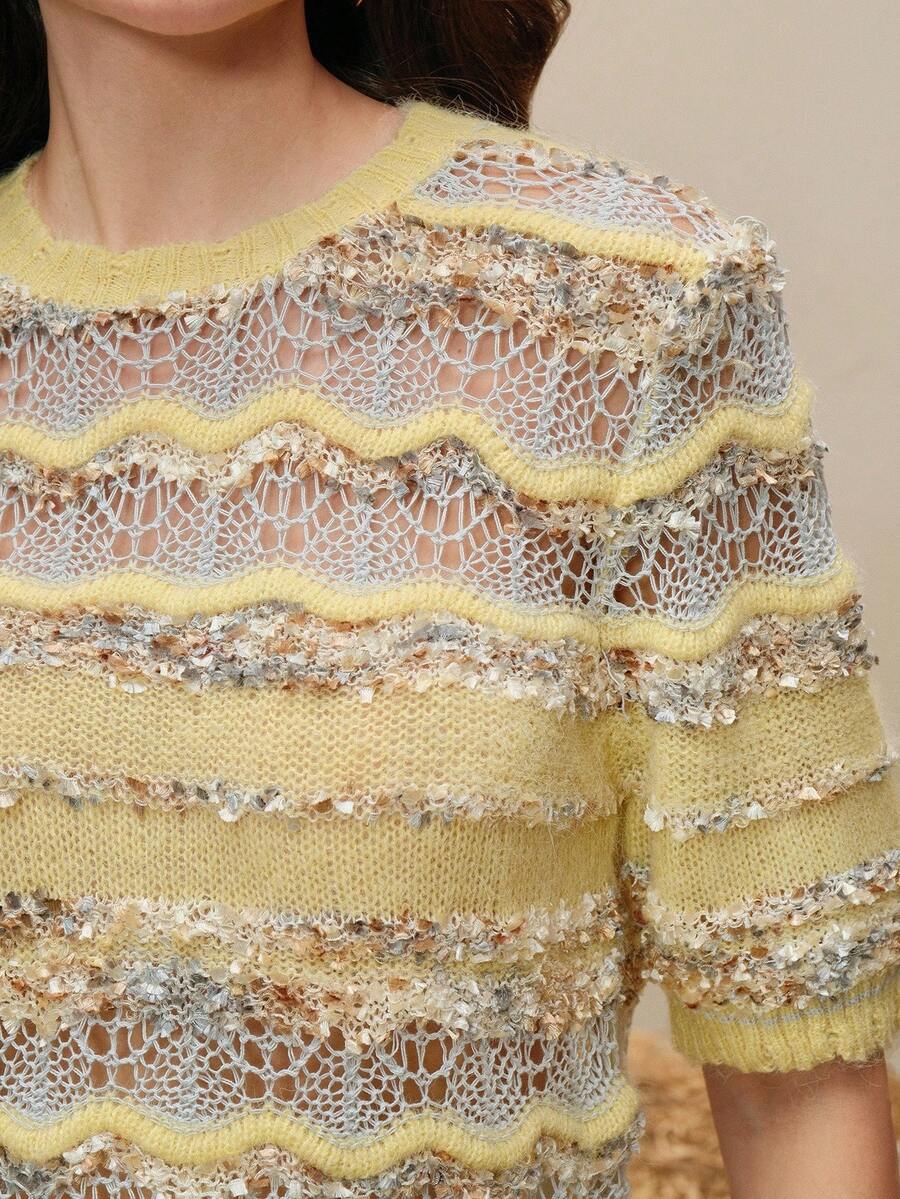 Anewsta Áo len dệt kim thiết kế khoét lỗ thời trang nữ - Màu vàng - Xem 1