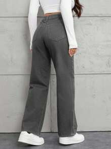 SHEIN Cottnline Women's High Waist Pockets Straight Loose Casual Versatile Jeans - Grey - View 2
