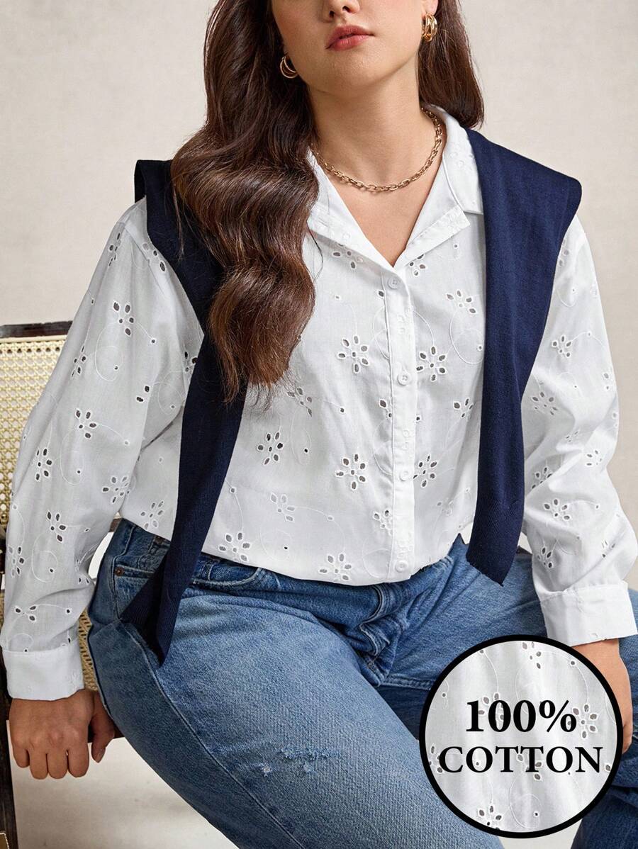SHEIN LUNE Große Größen Urlaub Casual Einfarbig Hollow-Out Stickerei Shirt Herbst Damen Kleidung Schulkleidung Stockholm Stil Country Outfits Damen Vintage Kleidung Damen Lehrer Outfits für Frauen Alle Weiß - Weiss - Übersicht 1