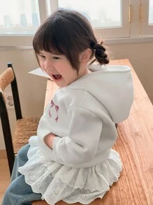 DAZY Áo nỉ tay dài kiểu Hàn Quốc cho bé gái, có mũ, thêu nơ, thích hợp cho mùa xuân/thu. - trắng - Xem 2