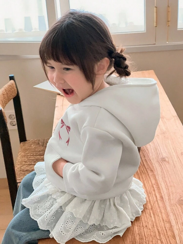 Baby Girl Korean Style Hooded Sweatshirt With Bow Embroidery, Long Sleeve, Spring/Autumn
