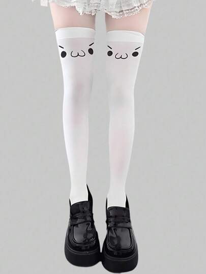 Anime 1 par de calcetines por encima de la rodilla con gráfico de cara minimalista y lindos, calcetines altos blancos de unicolor con estilo escolar de Y2K, mallas súper delgadas y elásticas