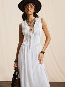 Easelle Vestido blanco de playa sin mangas, vestido blanco largo de verano, vestido blanco de verano, vestido blanco de playa con bolsillos asimétricos y dos hebillas tejidas en la cintura - Azul - Ver 6