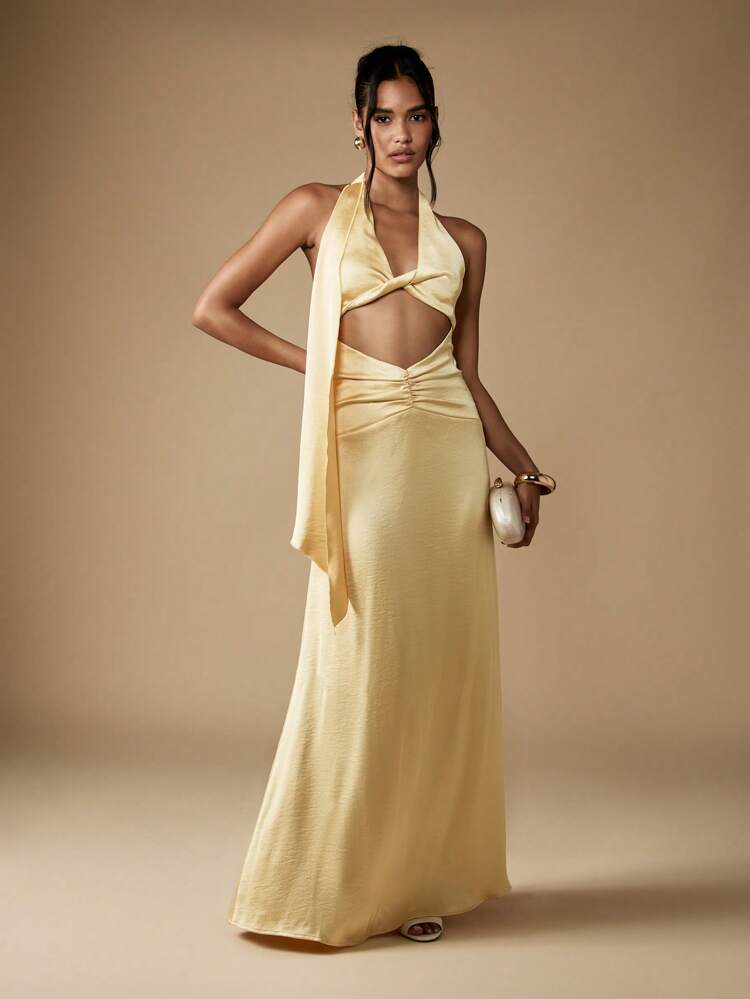MISSGUIDED Vestido Longo Elegante com Decote Halter, Recorte, Detalhe Frontal Torcido, Cintura Empire, Vestido de Festa de Noite, Ocasião Especial, Comprimento até o Chão, Vestido Formal, Roupa de Convidado de Casamento, Vestido de Verão para Banquete