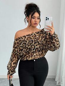 Elenzga Kemeja Kasual Motif Leopard Ukuran Besar dengan Bahu Asimetris, Musim Gugur/Musim Dingin - Coklat - View 6