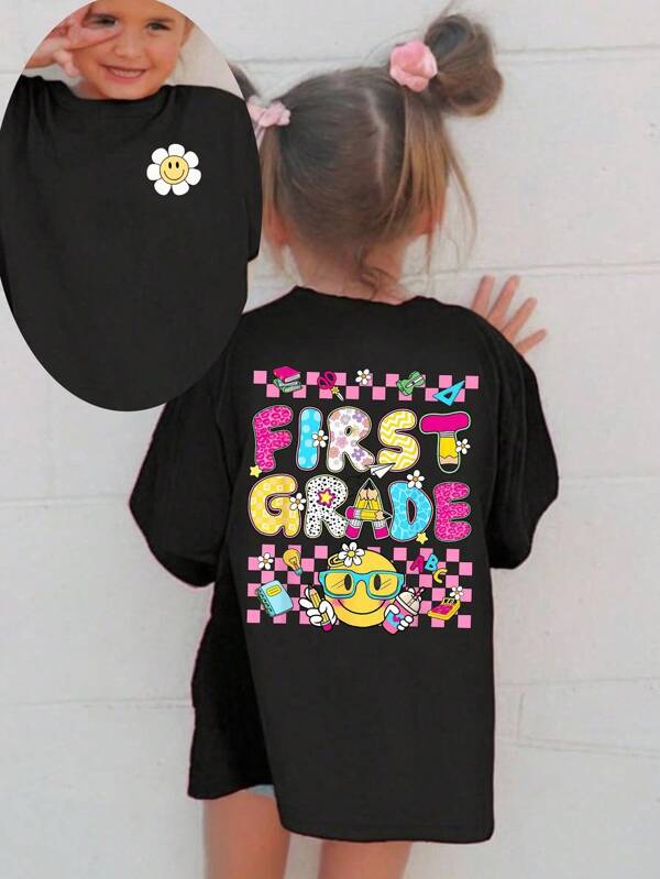 Back To School Girls Toddler Casual Fashion Creative Pencil, Book, Colorful Decor, Slogan Letter Print Basic Short Sleeve T-Shirt