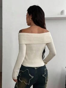Coolane 女士秋季街头服饰外出派对乡村音乐会复古 Y2K 弹力露肩毛衣 - 米色 - 查看 6