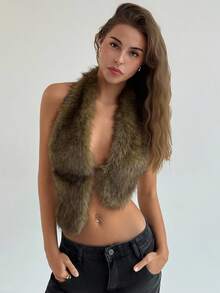 Aloruh Sexy Backless Deep V-Neck Faux Fur Trim Asymmetrical Hem Vest For Women, Suitable For Music Festival