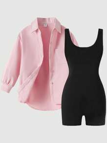 2 件套年轻女孩度假休闲舒适长袖衬衫和无袖紧身裤套装 - 粉色 - 查看 7