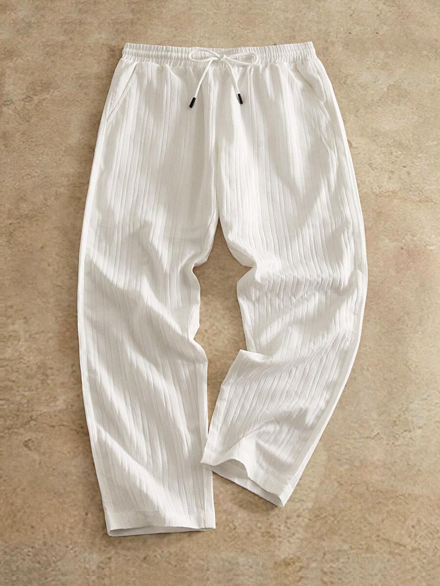 Manfinity VCAY Men's Casual Mid-Waist Drawstring Solid Color Tapered 3,4 White Pants, Suitable For Daily Wear, Fall - White - View 1