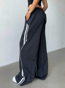 SHEIN BASICS 女士休闲纯色针织宽松阔腿运动裤 - 黑色 - 查看 3