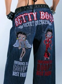 Betty Boop | ROMWE Y2K复古街头风 Betty联名款 Angel Demon 宽松低腰牛仔裤 - 藍色 - 查看 7