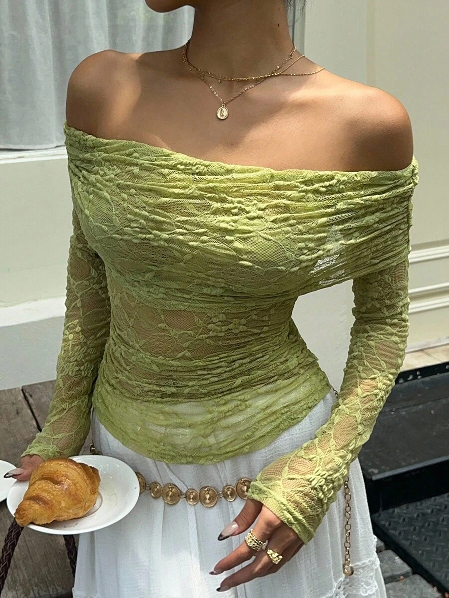 SHEIN Unity 秋季露肩荷叶边蕾丝面料透视长袖上衣 - 橄欖綠 - 查看 1