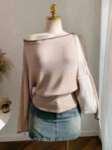 SHEIN EZwear Plus Size Autumn/Winter Casual Minimalist Contrast Color Dogtooth Pattern Ribbed Trim Fitted Pullover Sweater Fall - Khaki - View 5