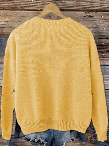 SHEIN LUNE Áo len chui đầu dài tay thêu hoa cỡ lớn thường ngày - Màu vàng - Xem 2