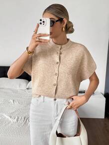 SHEIN Frenchy Women's Solid Color Round Neck Batwing Short Sleeve Single-Breasted Knitted Cardigan Winter Casual - Apricot - View 6