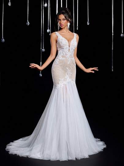 Glamrae Elegant Luxurious Embroidered Sequin Lace Mesh Patchwork Sexy Backless Mermaid Maxi Dress With Train, Suitable For Wedding, Party, Honeymoon