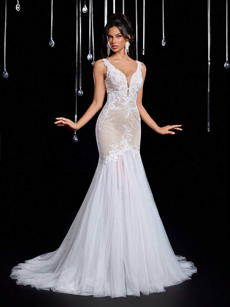 Glamrae Váy maxi đuôi cá hở lưng gợi cảm thêu ren sequin sang trọng thanh lịch có đuôi váy, thích hợp cho đám cưới, tiệc tùng, tuần trăng mật - Màu be - Xem 1