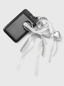 ROMWE Kawaii 1 件 Y2K 极简主义高端哥特式手工串珠银色 CCB 丝带蝴蝶结心形编织绳黑色亚克力校园卡/身份证夹 DIY 钥匙扣包饰，适合办公室职员、学生、日常穿着、节日礼物、万圣节 - 黑色 - 查看 3