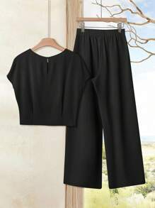 Rusticease 2 pièces Ensemble Top à manches chauve-souris et pantalon de couleur unie pour femmes. Ensemble deux pièces avec pantalon large. Ensemble décontracté deux pièces pour femmes. Tenue deux pièces pour femmes, AUTOMNE - Noir - Voir 2