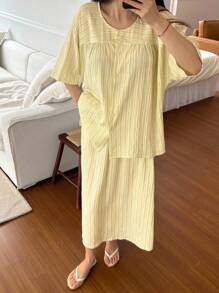 DAZY Ensemble pyjama femme avec chemisier à rayures et mini-jupe - Jaune citron - Voir 6