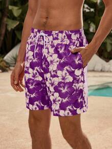 Manfinity VDAYZ Men's Floral Print Drawstring Waist Pocket Beach Shorts - Multicolor - View 3