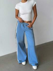 SHEIN BASICS 女士休闲纯色针织宽松阔腿运动裤 - 霧霾藍 - 查看 6