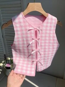 Comfortcana Women's Casual Y2K Plaid Print Bow Knit Sweater,Going Out Tops Women - Pink - View 7