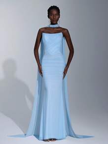 Elitara Váy đuôi cá xếp ly trang trí toàn thân màu xanh nhạt thanh lịch và lộng lẫy với cổ áo kiểu thuyền buồm bằng vải lưới co giãn, kèm khăn choàng, thích hợp cho đám cưới, các dịp trang trọng, hẹn hò, tiệc tùng, váy phù dâu, ngày Valentine. - Màu xanh nhạt - Xem 5