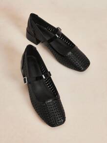 Rosivie 2026 Summer New Retro Square Toe Low Vamp Woven Mesh Low Heel Mary Jane Women Shoes, Fashionable Hollow Strap Breathable Closed Toe Chunky Heel Sandals - Black - View 3
