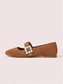 CUCCOO DOLLMOD Women's Fashion Charming Flat Loafers, Khaki Color, Faux Suede Material, Rhinestone Buckle, Square Toe, Commuting, Comfortable, Office, Street, Party, Travel, Vacation, Spring/Summer/Autumn - Khaki - View 6