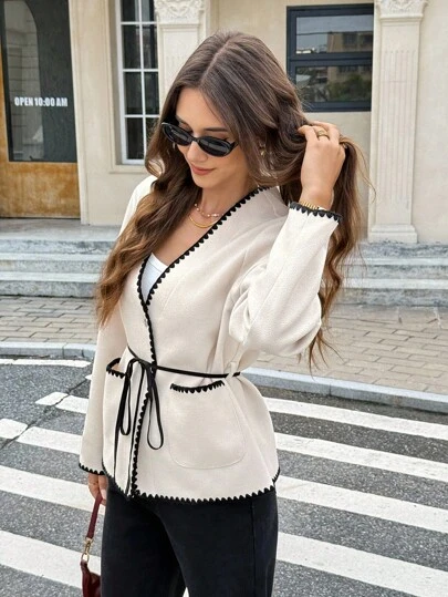 Serisse Women's French Casual Commuter Contrast Trim Long Sleeves Regular Jacket,Suitable For Daily Commuting. Autumn Layering, Autumn And Winter New Arrivals.,For Everyday Wear And Layering Back To School, Fall Women Clothes,Cute Tops,Going Out Tops Women,Old Money Outfits Women ,Business Casual Women,Winter Jacket ,All-Season, Casual Spring